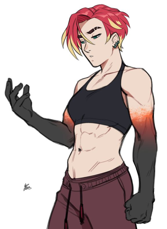 My OC Reed (they/them) arms exposed showing them going from a dark gray color to a red-ish transition into their pale skin tone around the biceps. Also abs for days.