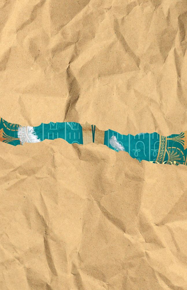 Sneak peek at the cover for Conspirators' Kingdom by Elyse Thomson. Brown crinkled paper on top with a small tear across the centre. Below, a teal and gold cover with hints of hieroglyphs and feathers.