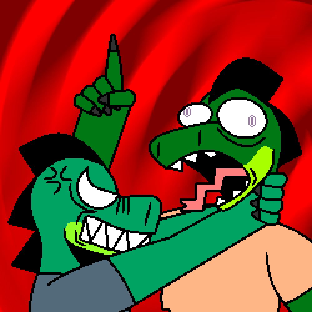 Two lizard guys, one is angry and they're cartoonishly choking the other guy with their bare hands.