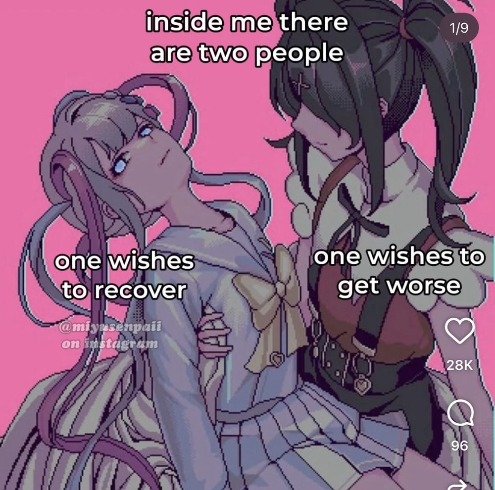 Ame and kangel with the caption "inside me there are two people, one wishes to recover, one wishes to get worse" 