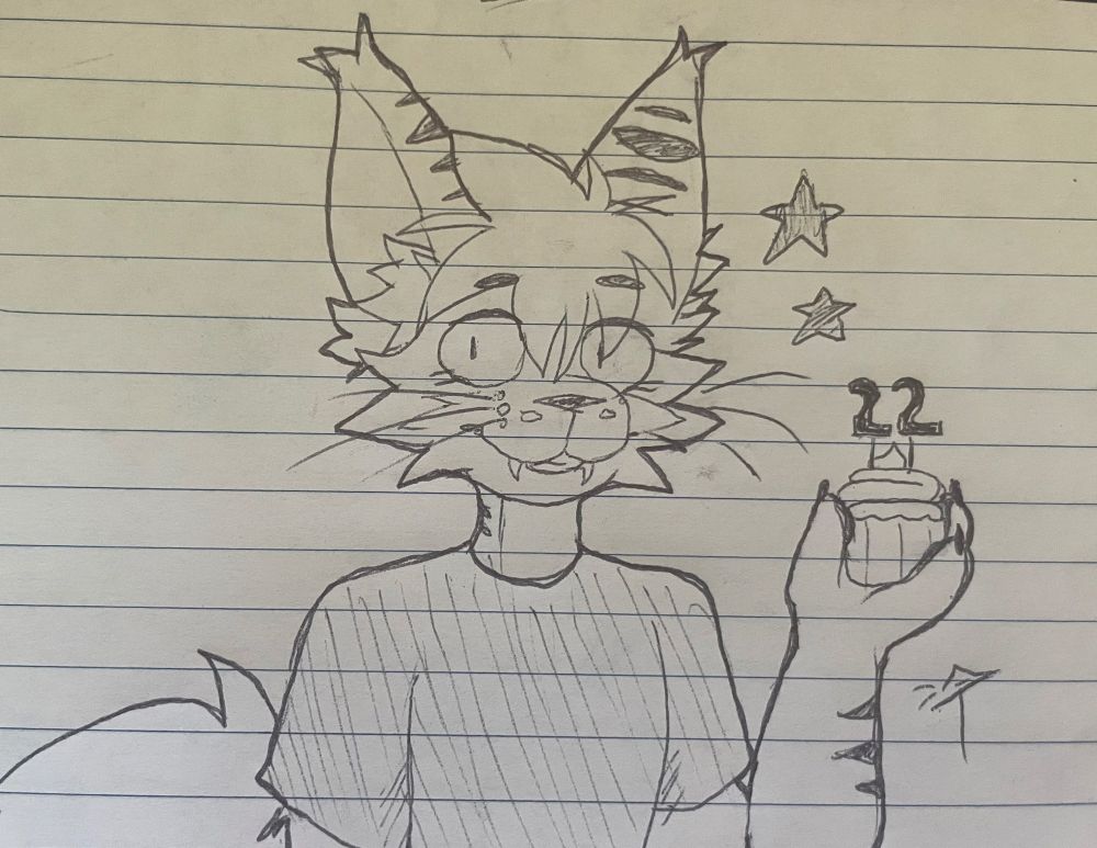 A lovely fox/cat hybrid holding a cupcake with two number 2 candles, which is her current age today (22).