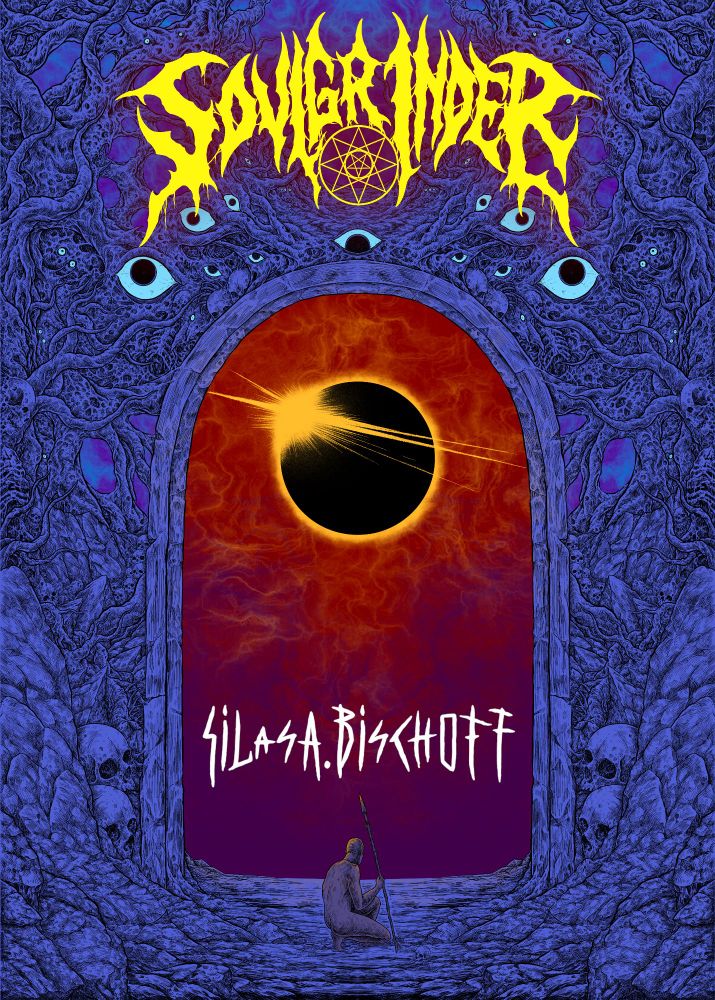 Cover for "Soulgrinder" by Silas A. Bischoff, depicting a naked man with a spear hunching before a stone portal leading from a bleak world of bone, twisted flesh and leering eyes into an empty alien space with a solar eclipse in the distance. The colours are trippy and the title is styled like a black or death metal band logo.