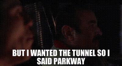 A clip from the 1993 masterpiece Mario Bros with Mario and Luigi in a cop car. The caption says (for Luigi's voice line) "But I wanted the tunnel so I said parkway". Mario looks confused