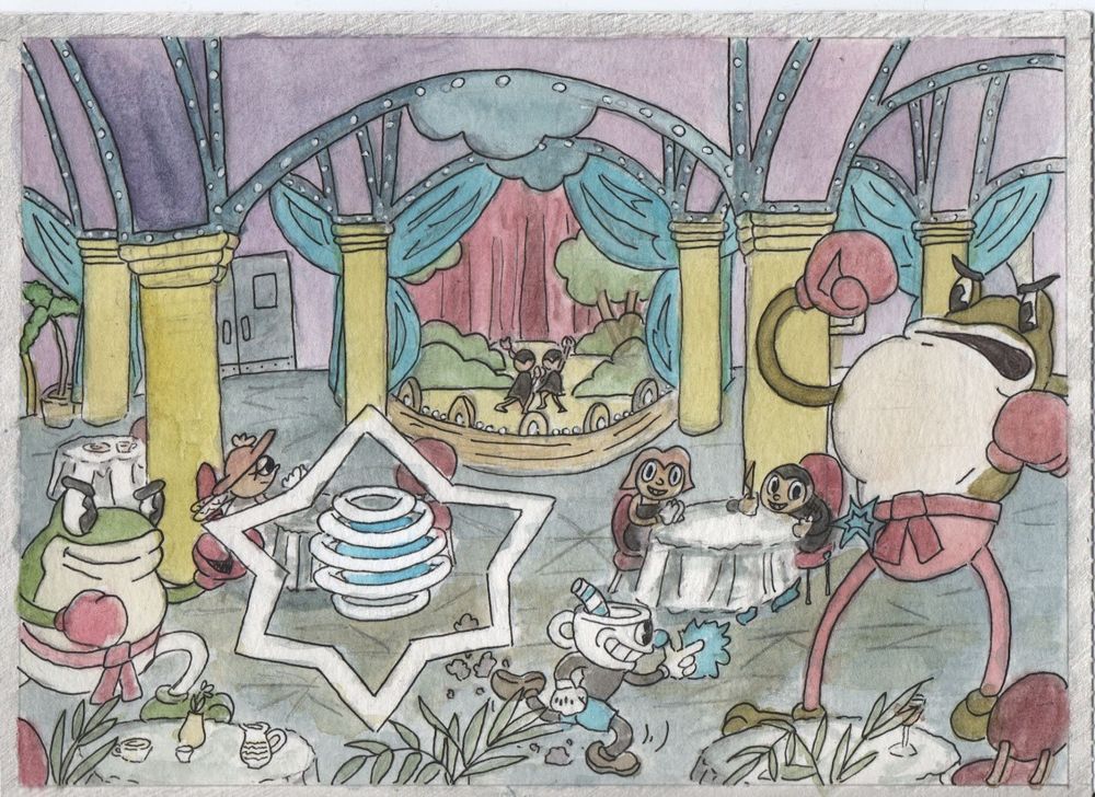 Watercolor drawing of Cuphead's bosses, Ribby and Croaks. In the background there is a cabaret. In the foreground there are Mugman and Ribby and Croaks, two frogs with pants, belts and boxing gloves.