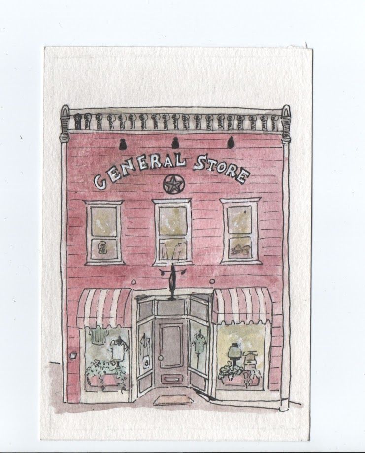 A red shop made of wood with white details. On the top there are three lanterns, then a sign that says "General store". Underneath the sign there are three windows with a white frame. At the centre of the shop there is a black door, and on its both sides there are display windows.