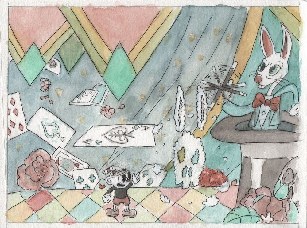 Cuphead's mini-boss Hopus Pocus, a giant rabbit coming out of a hat.
Cuphead is aiming at it, while the rabbit is moving a wand in its hand.
In the background there is a curtain, roses and flying cards.