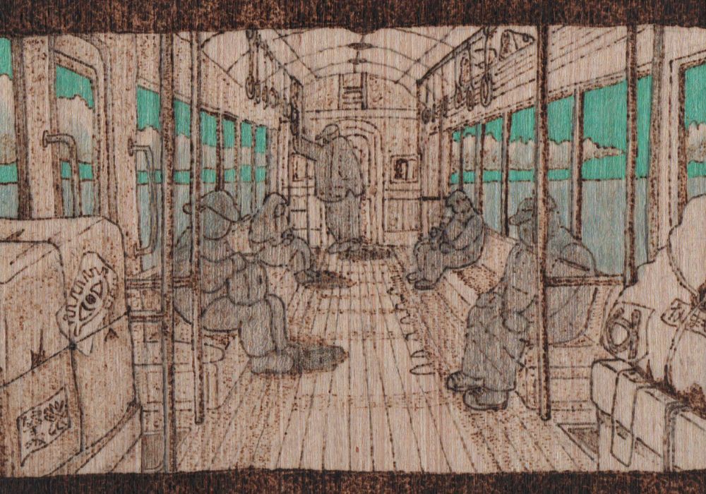 Pyrography drawing of a scene from Ghibli's anime Spirited Away. The scene depicts a train with passengers who appear to be spirits. The only coloured things are visible from the windows:  a body of water and the cloudy sky.
