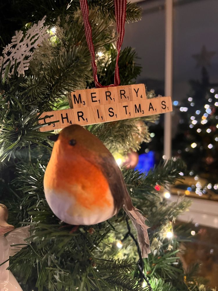 A round robin tree decoration, a merry christmas sign spelled out with scrabble letters hanging on a tree 