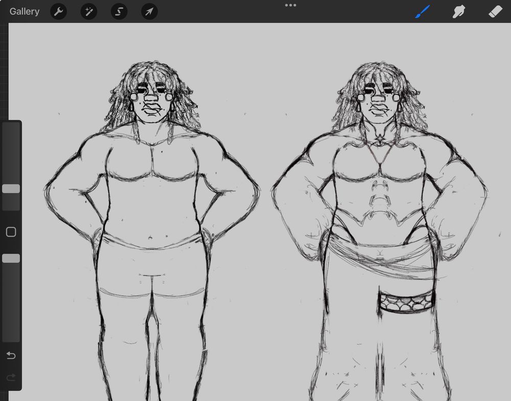 Two sketches of Astrum facing forward without clothes (left) and with clothes (right) 