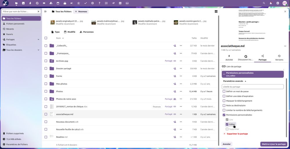 Capture d'écran de Framaspace.

On y voit le menu permettant de partager un fichier et de paramétrer ses permissions.