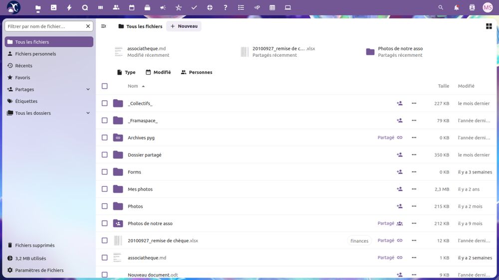 Capture d'écran de Framaspace.

La page affichée est l'accueil de l'application "Fichiers".