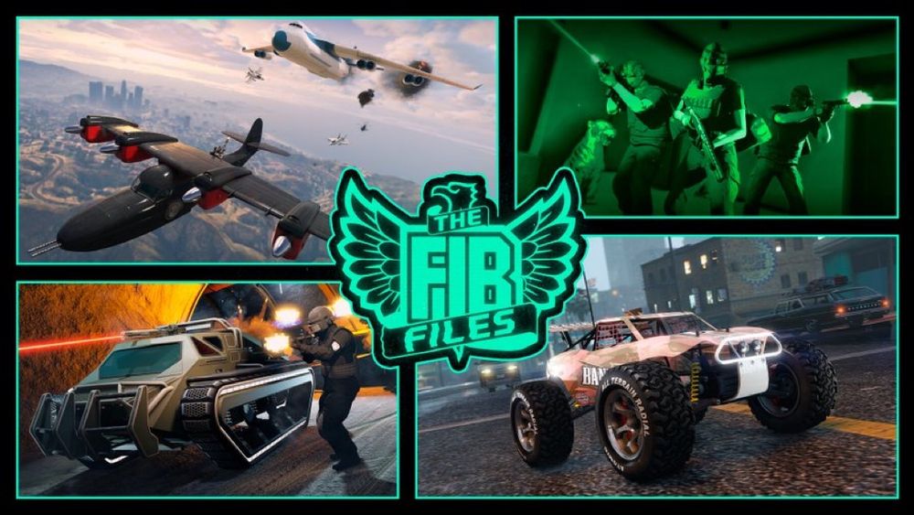 The FIB Files poster featuring scenes of characters in combat, a plane chase, a weaponized Scarab, and an RC Bandito. 