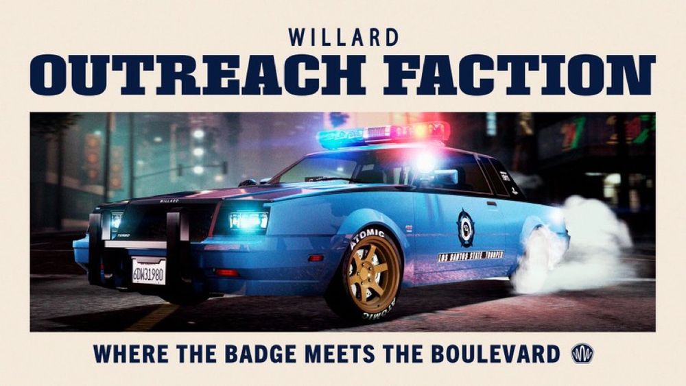 Willard Outreach Faction poster showcasing a blue and black Los Santos State Trooper low-rider patrol car with police lights flashing.