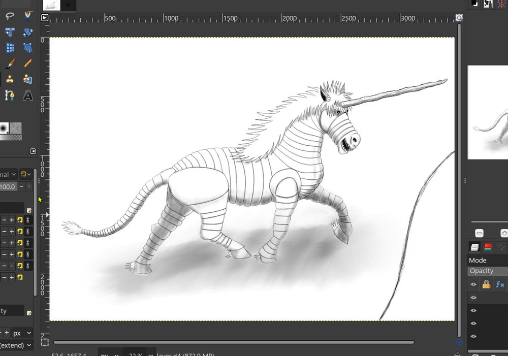 Concept art for our game.  This GIMP screenshot shows a work in progress, a sketch of a monstrous unicorn.  Its skin is covered in plate-like structures that suggest armor. The horn is nearly as long as its body and an open maw shows many sharp teeth.