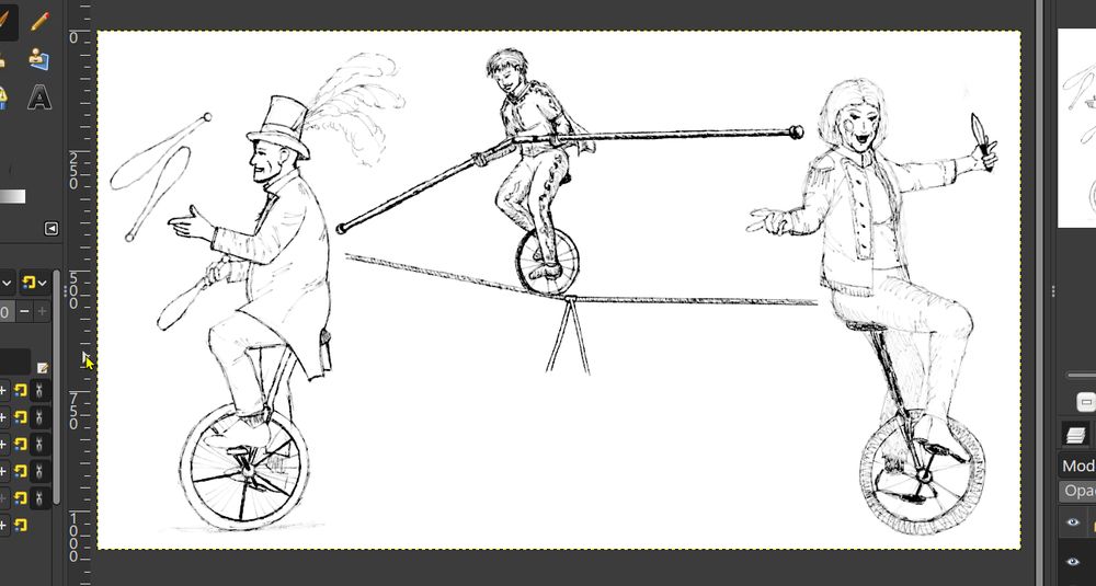 This screenshot of GIMP shows a work in progress. Three unicycle scenes, on right, a knife-throwing performer smiles.  On the left, a performer juggles wooden pins.  The center section depicts another performer navigating a tightrope while balancing on their unicycle.