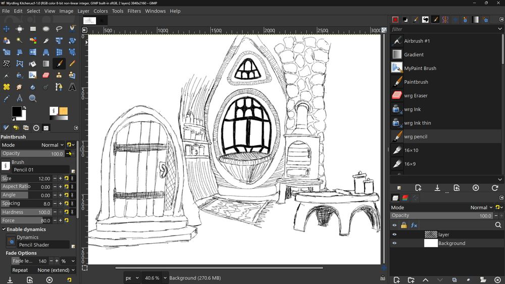 The screenshot shows GIMP with a WIP inspired by a Tiny Chef video I saw today.  The picture of a strangely organic kitchen space.  An oval-ish window dominates the back wall. There is a drum-shaped oven on one side of this window and an arched door on the other side.  An oval table with curving legs sits in-front of the oven and holds cooking implements.