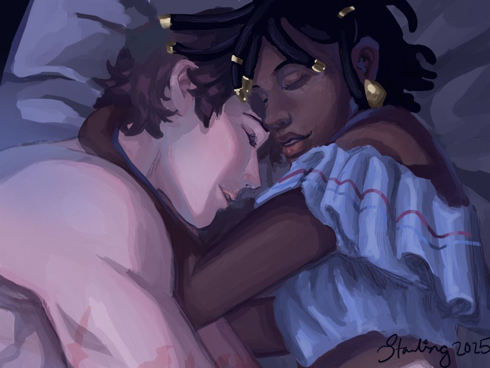 A painting of Annette and Richter from Castlevania: Nocturne. They are laying on a bed toghether bathed in blueish light. Anette is wearing a blue top and hugging Richter around his neck. Richter is topless, with some of his scars showing. Her cheek is resting in his hair, and the two are peacefully asleep.