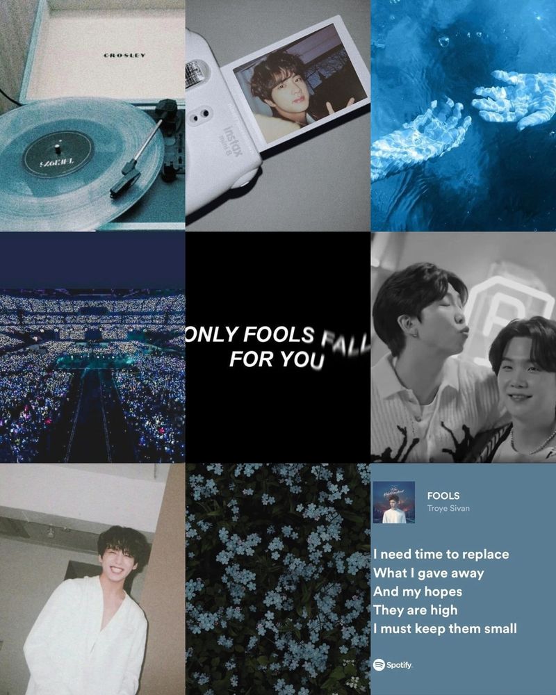 A collage of 9 pictures, having one only with a Jin polaroid, a Jungkook selca and namgi hugging each other. The pallet is blue, white and black.