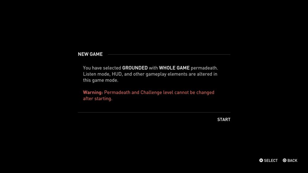Start screen for a grounded whole game permadeath playthrough of tlou2 