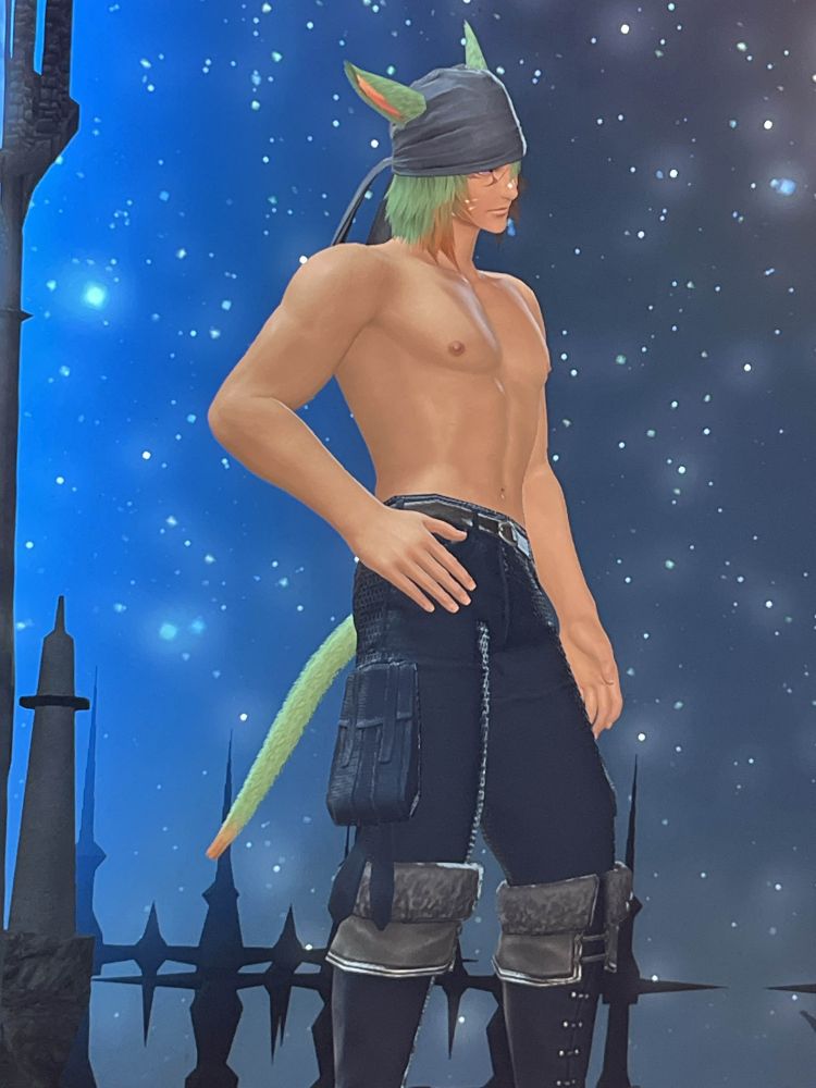 Green haired male miqo’to with a stubby tail and shirtless. 