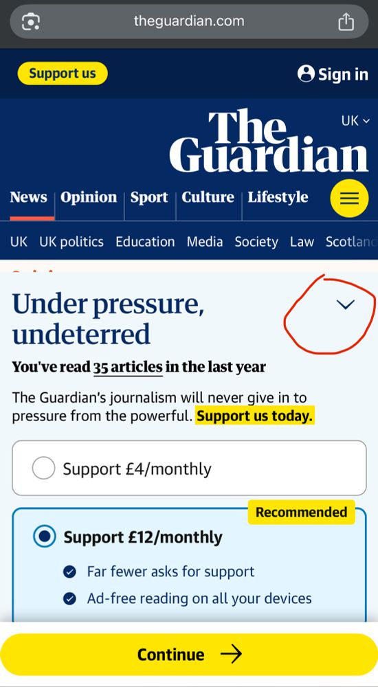 A red circle highlighting a down chevron to enable people to read articles on the guardian website without donating