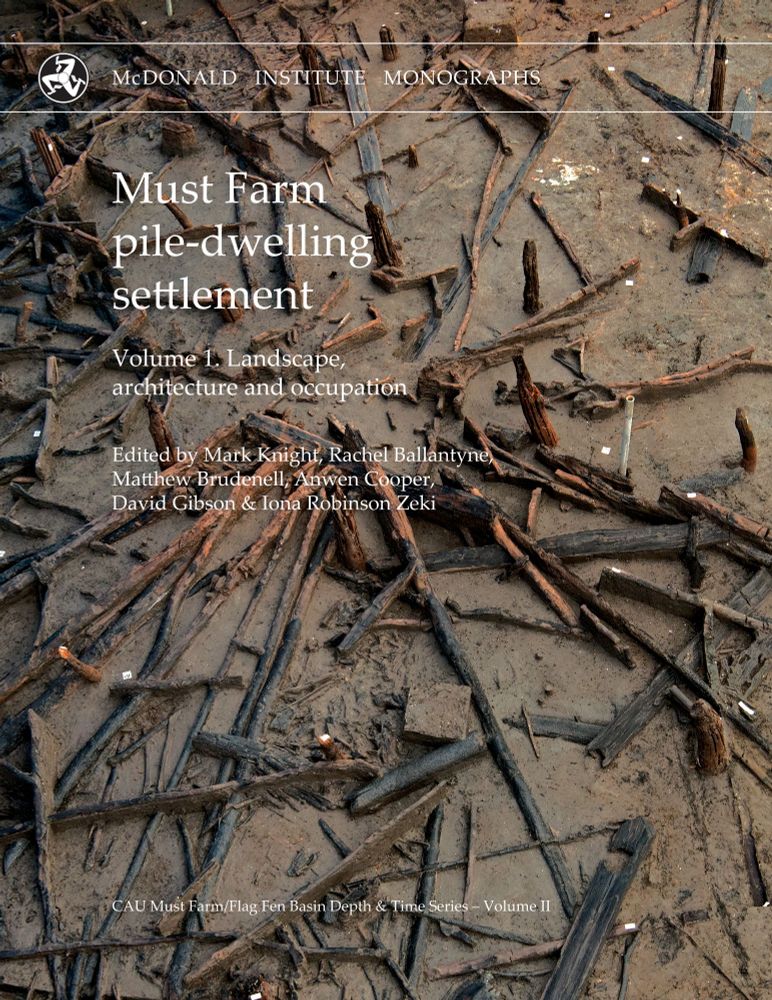 Front cover of Must Farm pile-dwelling settlement Vol I - image shows charred & collapsed timbers of a Late Bronze Age roundhouse preserved in the fine grey silts of a former river channel