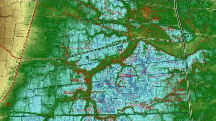 Lidar image of Lincolnshire fens (green dendritic patterns on a light blue background) https://legioxx.org.uk/lidar/Fens/fenland-lidar.html