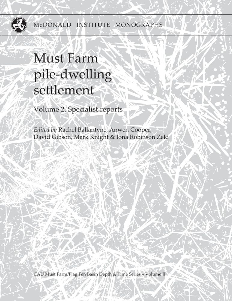 Front cover of Must Farm pile-dwelling settlement Vol II - image shows abstract representation of the collapsed wood mass (in white) against a grey background.