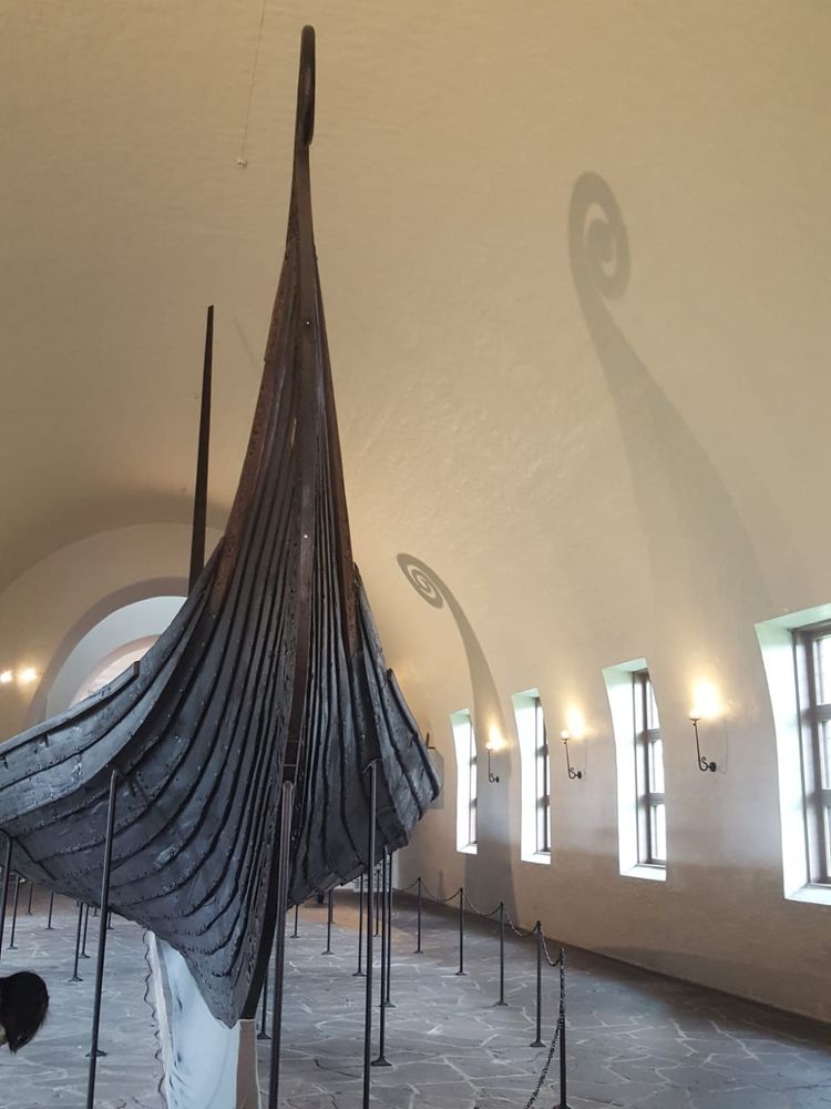 Photo of Gokstad ship, Norway (black wood, off-white walls - shadow cast on walls)