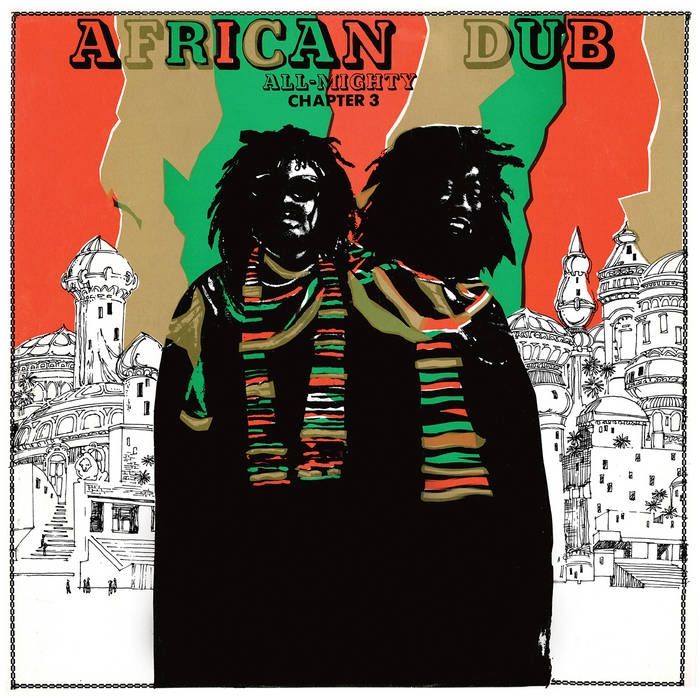 Album cover : African Dub Chapter 3 by Joe Gibbs & the Professionals. (Orange gold and green, city scape and two Rastas silhouetted) 