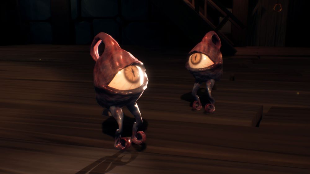 freaky little eyeball creatures with elf's feet and curly hat made from eyelids