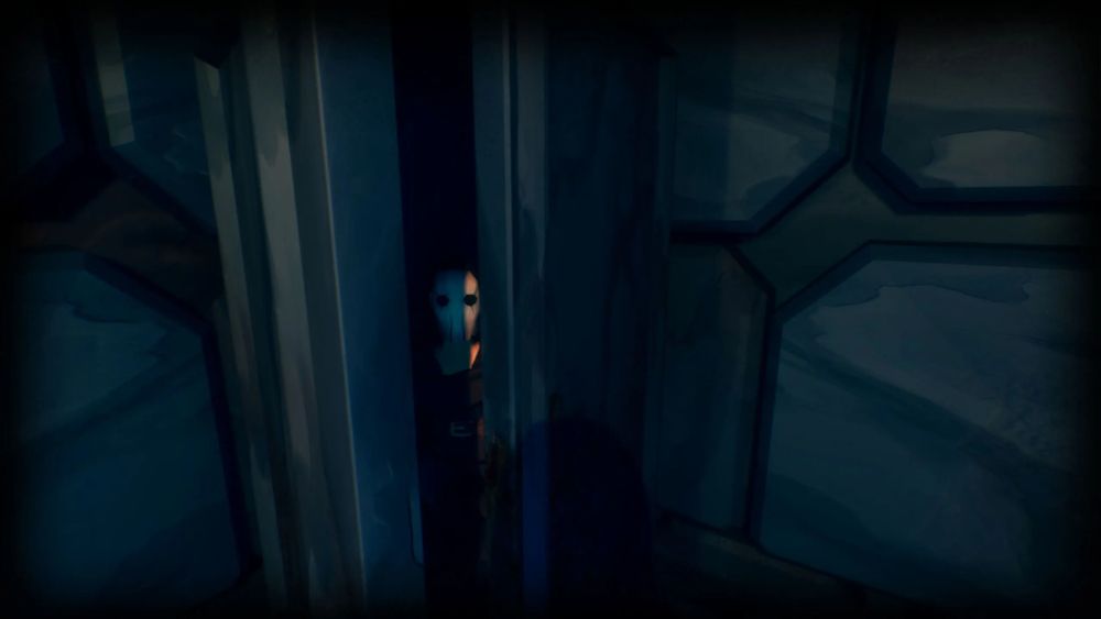 gravebound, a person in mask and cowl hiding in a coffin