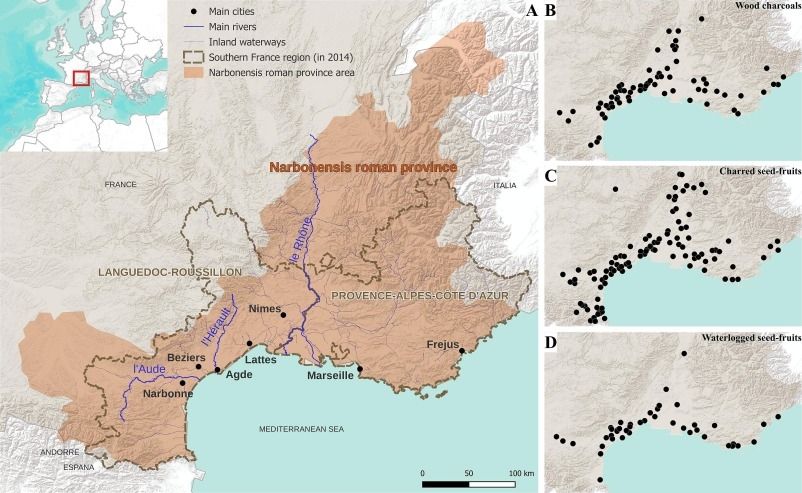 Location of the study area in southeastern France (a) and distribution of the sites that delivered charcoal samples (b), charred seed-fruit samples (c) and waterlogged seed-fruit samples (d).
