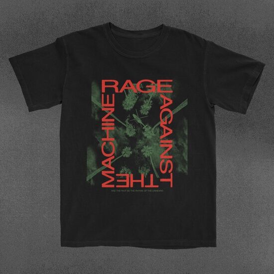A black Rage Against the Machine T-shirt on a grey background. The lettering of the band's name forms a rectangle out of red block letters. Underneath this is a green image which looks like night vision of palm trees and a police helicopter. Don is 44 years old at the time of this post.