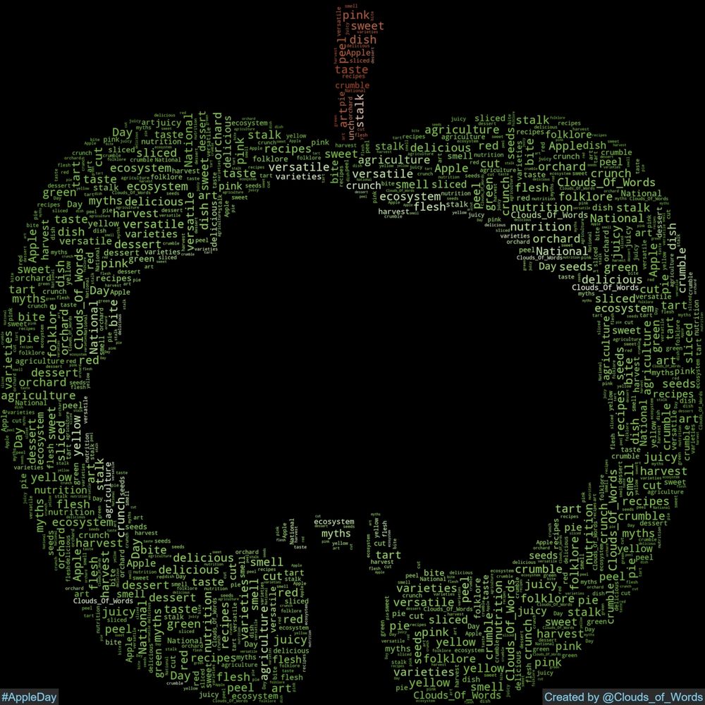 AppleDay wordcloud created by @clouds-of-words.bsky.social 

Apple Day National agriculture art bite crumble crunch cut delicious dessert dish ecosystem flesh folklore green harvest juicy myths nutrition orchard peel pie pink recipes red seeds sliced smell stalk sweet tart taste varieties versatile yellow