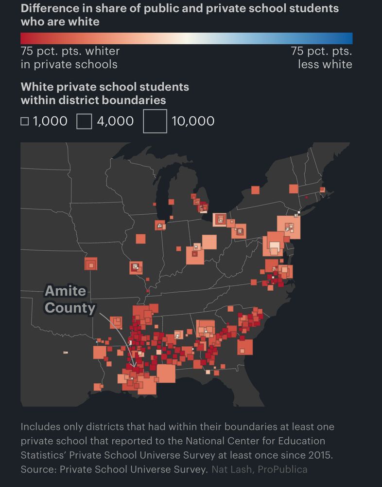 Difference in share of public and private school students who are white
75 pct. pts. whiter in private schools
White private school students within district boundaries
• 1,000
4,000
10,000
75 pct. pts. less white
回
Amite
County
Includes only districts that had within their boundaries at least one private school that reported to the National Center for Education Statistics' Private School Universe Survey at least once since 2015.
Source: Private School Universe Survey. Nat Lash, ProPublica