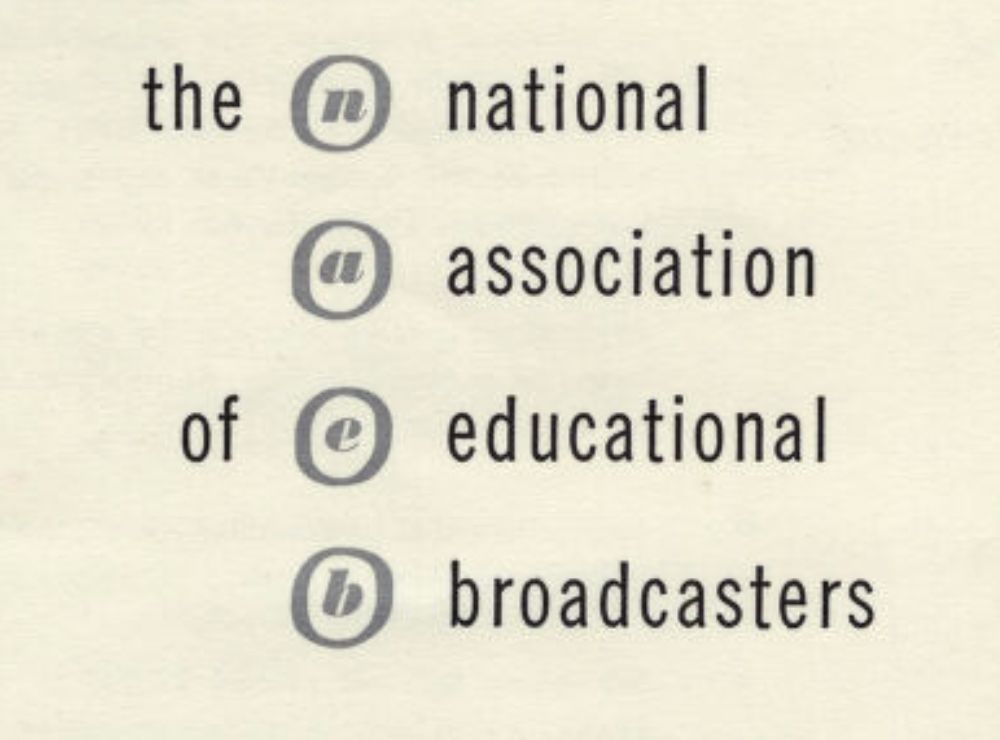 screenshot of NAEB brochure 1953: in lower case letters with n-a-e-b in cursive letters to look like typewriter keys. the national association of broadcasters