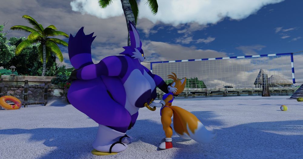 Big the cat, sporting breast-like pecs and nipple rings, talking to Tails, who is holding one of Big's nipple rings. 