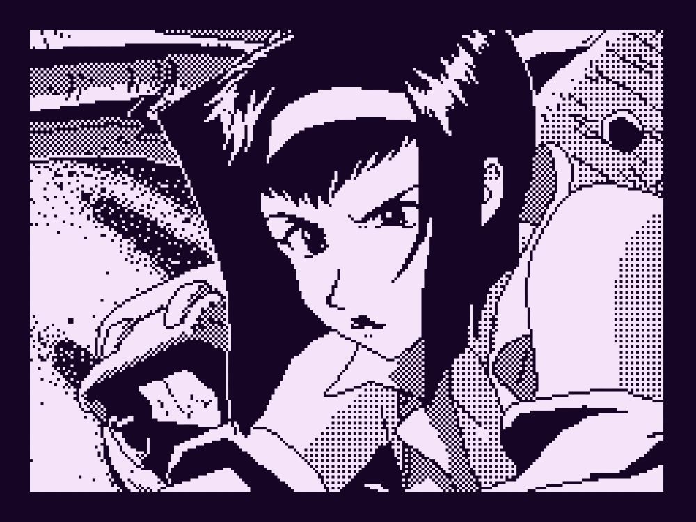pixel art of Faye Valentine from the shoulders up, leaning forward while flying her ship and frowning, the ship and sky evident over her shoulder and behind her. She is wearing her signature outfit of a jumper, hairband, and a jacket here draped loosely over her arms