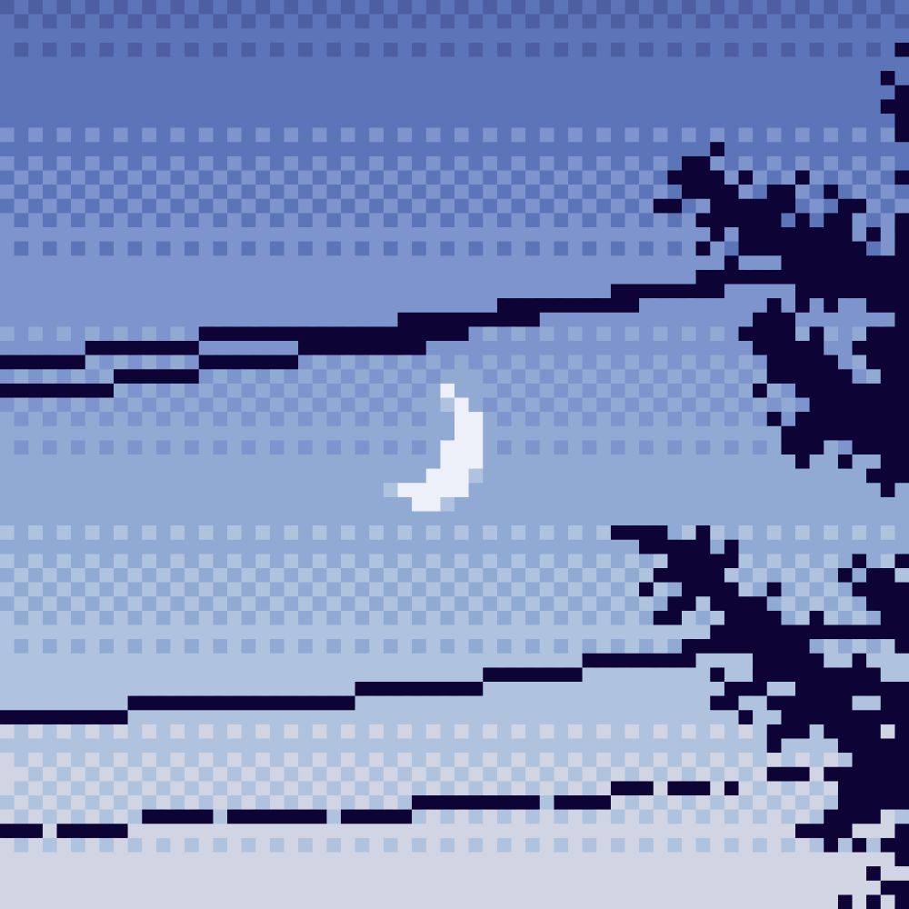 tiny pixel art piece showing a crescent moon in an early dusk sky, with utility lines crossing the sky and the silhouette of a tree on the right side
