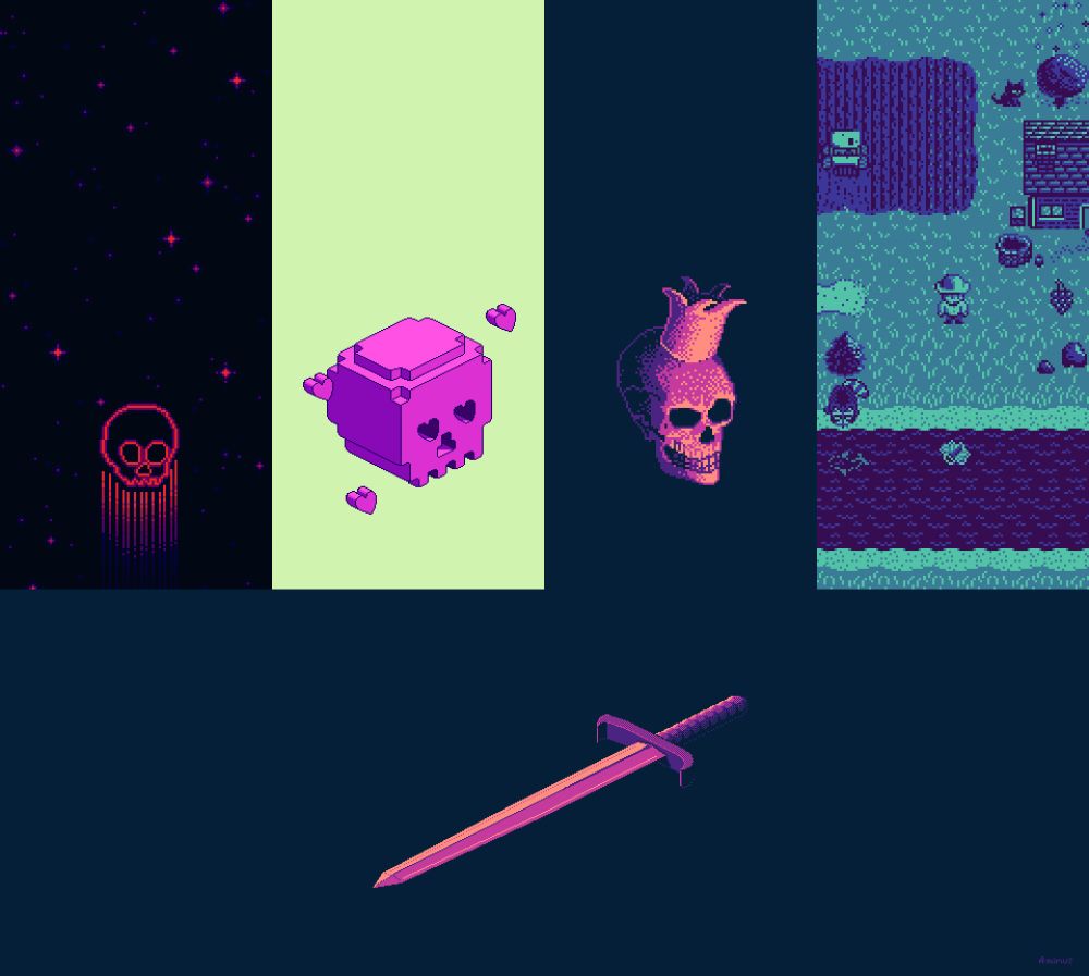 collage of pixel art pieces, showing in the top row of four: a skull wooshing through space, a purple-pink cube skull with hearts floating around it and a greenish background, a purple-orange skull with a crown against a dark background, and a pixel farm in spooky blue-teal night colors. On the row below, a sword with curved hilt in the same colors as the skull with crown