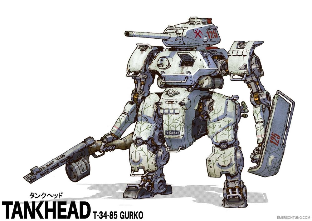 Art of a bipedal combat robot based on the ww2 tank the t-34. Its painted white with somewhat abstract pine branches in green added by hand. 