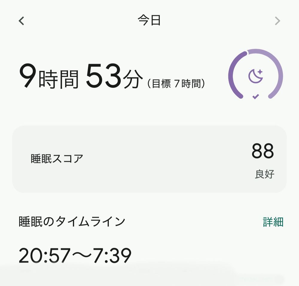 スマートウォッチが計測した睡眠時間　9時間53分のスクリーンショット