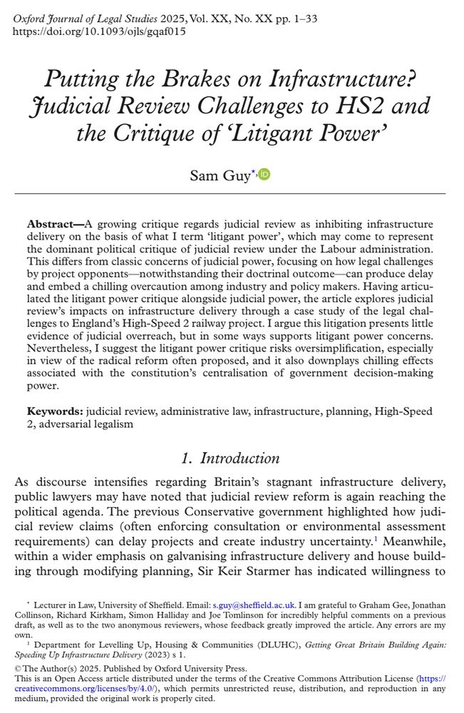 The first page of the article ‘Putting the Brakes on Infrastructure? Judicial Review Challenges to HS2 and the Critique of ‘Litigant Power’, published in the Oxford Journal of Legal Studies 