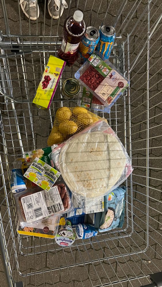 Einkaufswagen von oben in dem ein paar Teile liegen. Der Boden ist nicht vollständig bedeckt