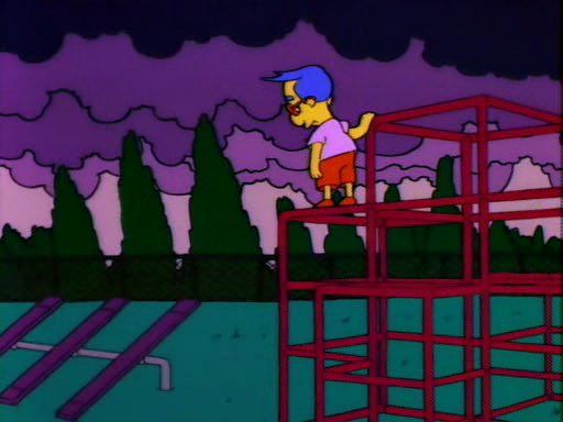 Sad Milhouse alone on a climbing frame