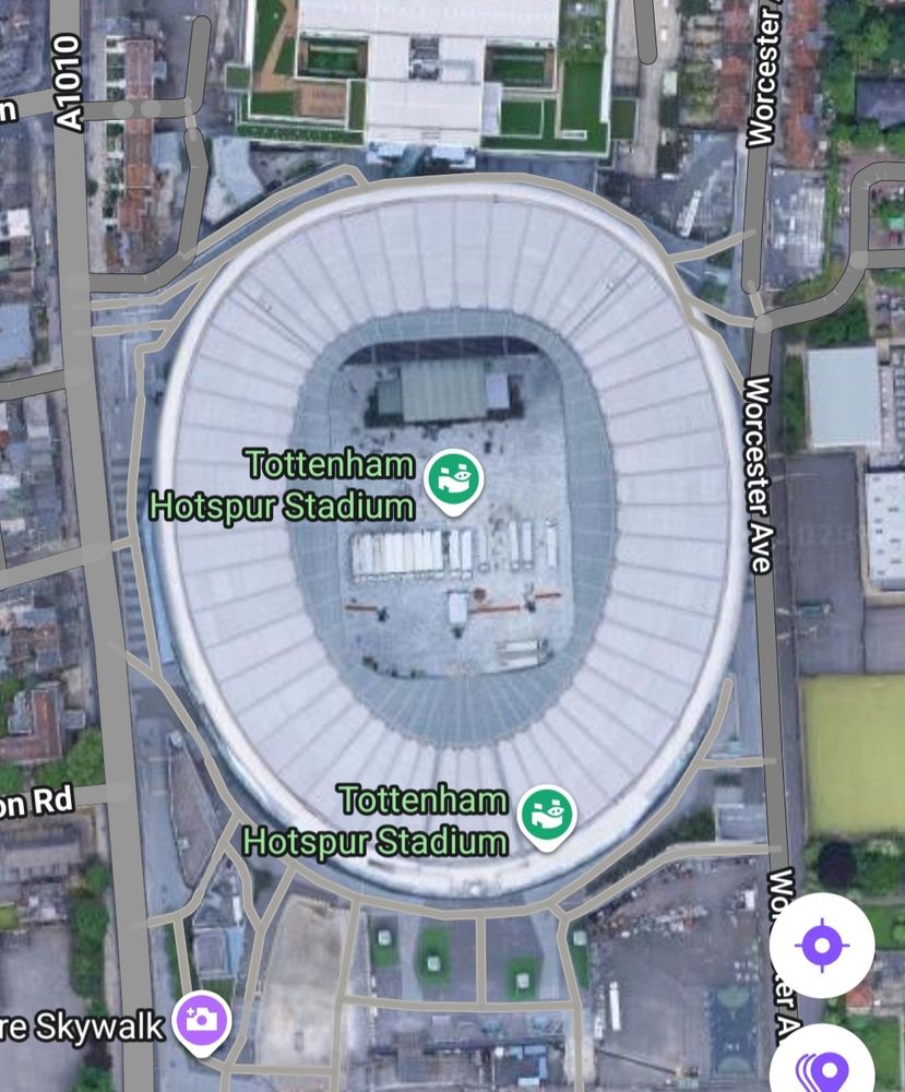 Google maps aerial view of Tottenham Hotspur stadium, being set up for a concert