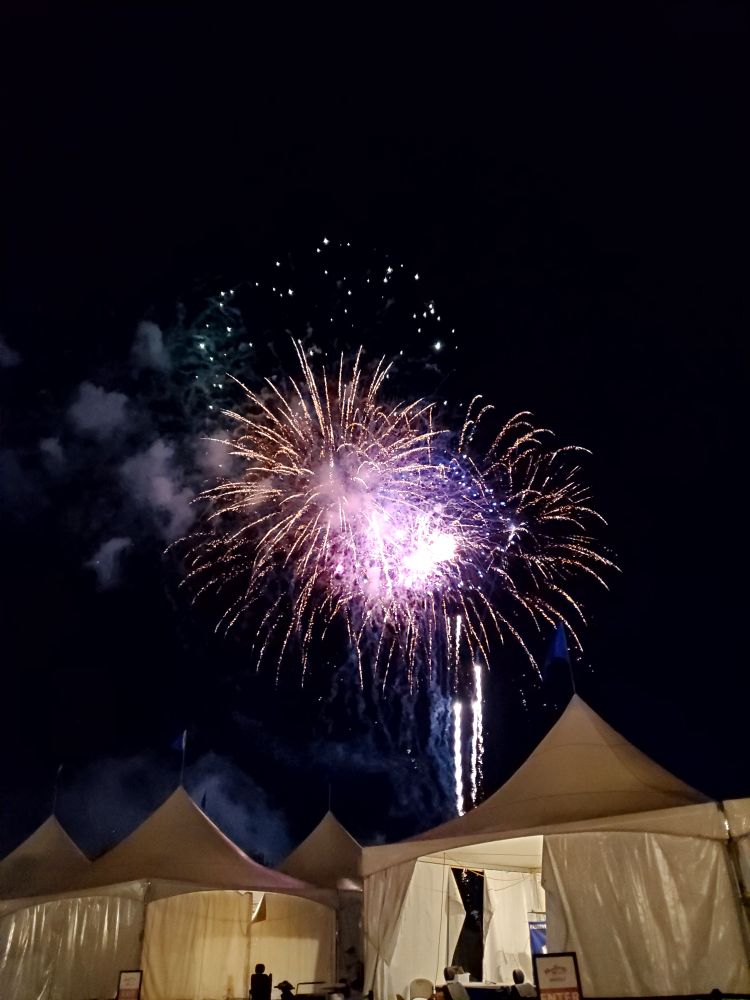 Purple firework bursts in a dark sky above a row of white tents.