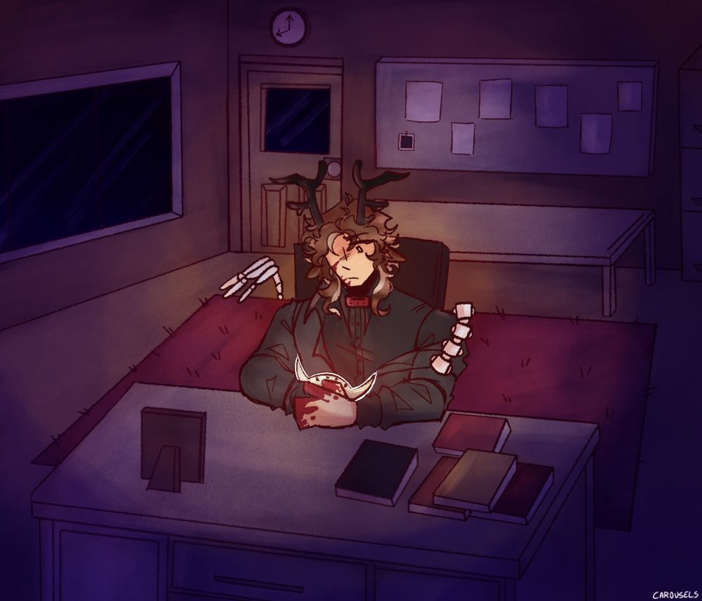 A man with deer-like features (antlers and ears) sits at a desk in his office, the lighting dim and gloomy. He stares down at his muzzle-like mask in his hands, held in his partially crossed arms that sit atop his desk; his ears are lowered and his expression is weary. Disembodied fragments of bone float around him; the left side of his face and his hands are patterned in red that resembles blood.