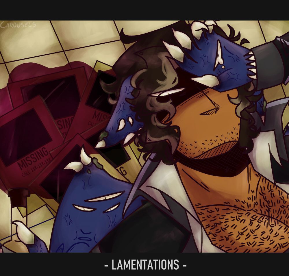 A redraw of the album cover to "Lamentations" by Vane Lily, with an original character in their place. A man is laying on the tiled floor, a hand draped over one eye while the other lays beside him, holding a bottle. Wine is spilled onto missing posters he's laying on top of, slightly obscured by blue wings with a meat-like texture.
